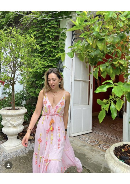 Φόρεμα ροζ maxi με κεντήματα και διακριτική παγιέτα