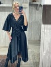 Εντυπωσιακό ασύμμετρο φόρεμα μαύρο silky σατέν μεσάτο με ζώνη από την exclusive collection Jeff Gallano, made in Paris