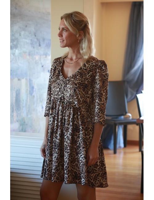 Φόρεμα silky touch leopard με λαιμόκοψη V