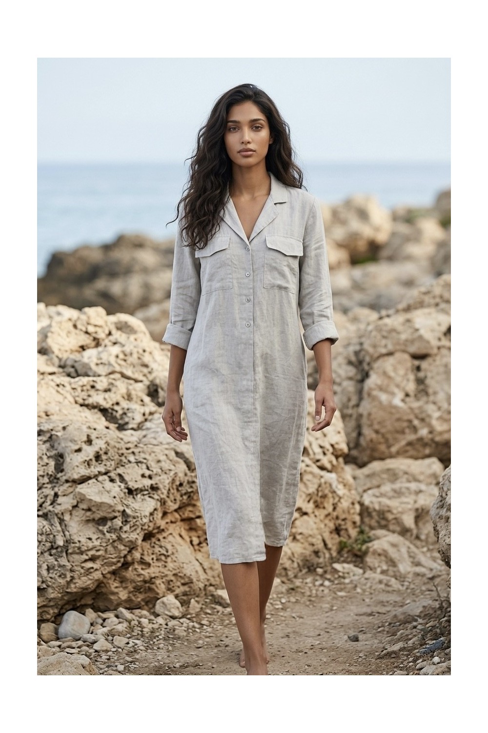 Λινό Midi Shirt Dress με Κουμπιά | Frenchie
