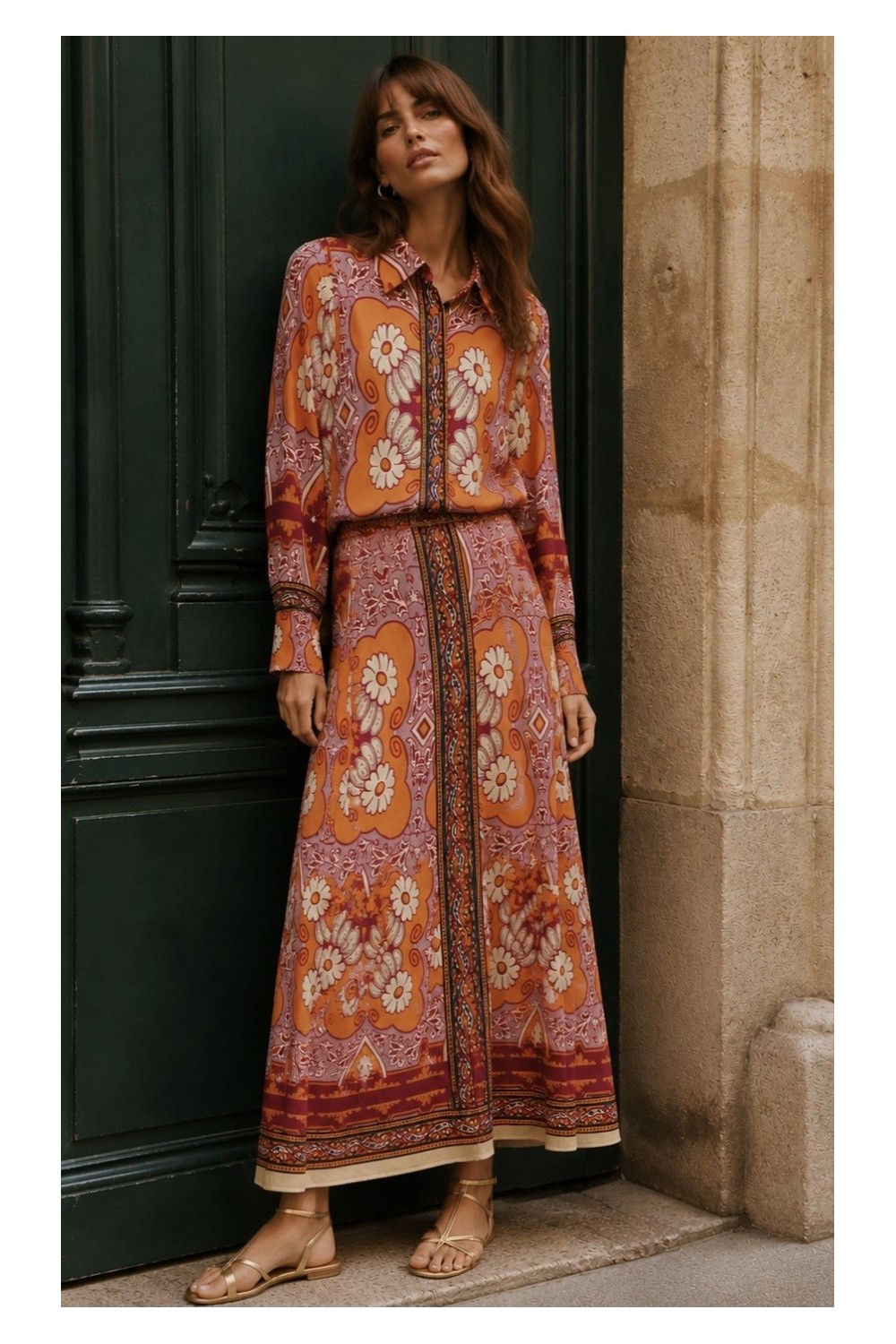 Γυναικείο Σετ με Retro Floral Πουκάμισο & Ψηλόμεση Φούστα