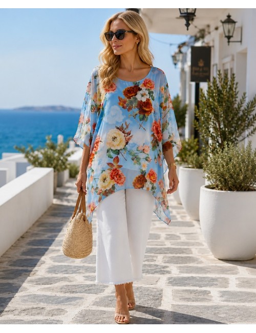 Oversized Floral Poncho με Αέρινη Υφή | Frenchie