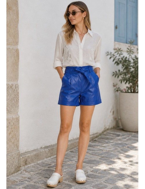 Σορτς μπλε ηλεκτρίκ eco leather με ζώνη από Jeff Gallano, made in Paris
