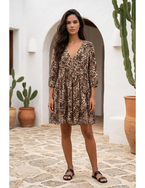 Φόρεμα silky touch leopard με λαιμόκοψη V