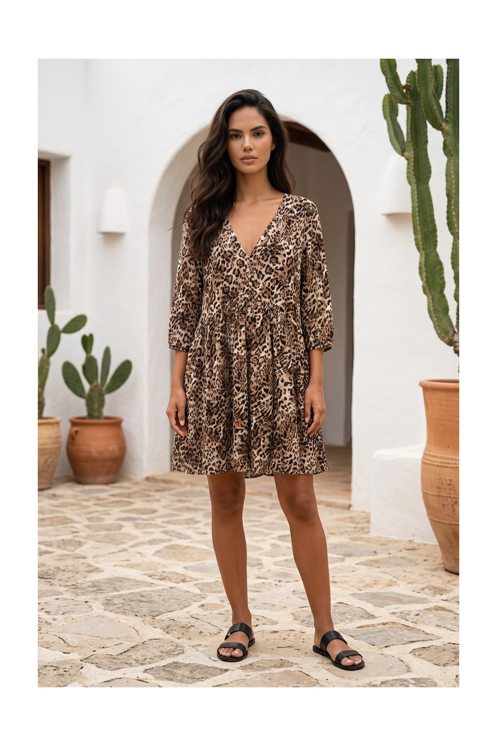 Φόρεμα silky touch leopard με λαιμόκοψη V